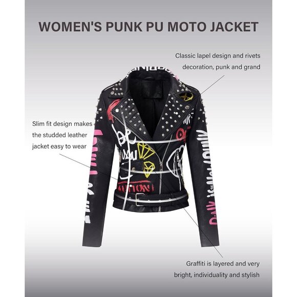 🆕 Women Black Trendy Faux Leather Jacket Rivet Spring Winter Fashion Clothes - Picture 2 of 6